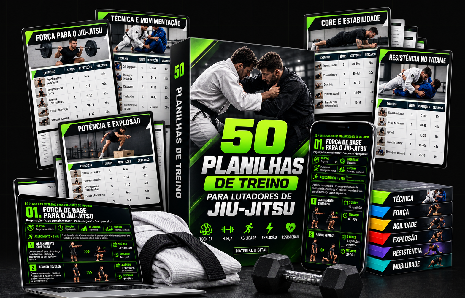 Mockup das +50 planilhas de treino para lutadores de Jiu-Jitsu